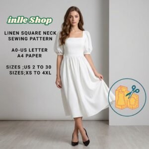 Home linen square neck midi dress sewing pattern:cottagecore style (pdf pattern)